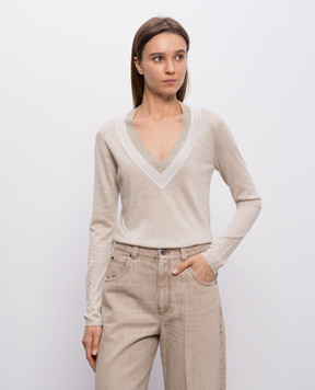 Brunello Cucinelli Beige cashmere and silk pullover with lurex M13836722