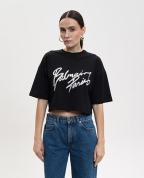Balmain Black cropped T-shirt with logo GF1EE145BD41