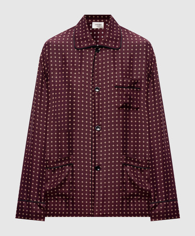 Burgundy silk blouse with pajama-style print