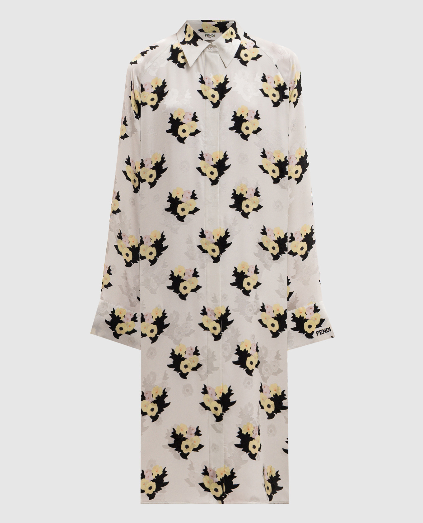 Ivory silk shirt dress with floral print Fendi