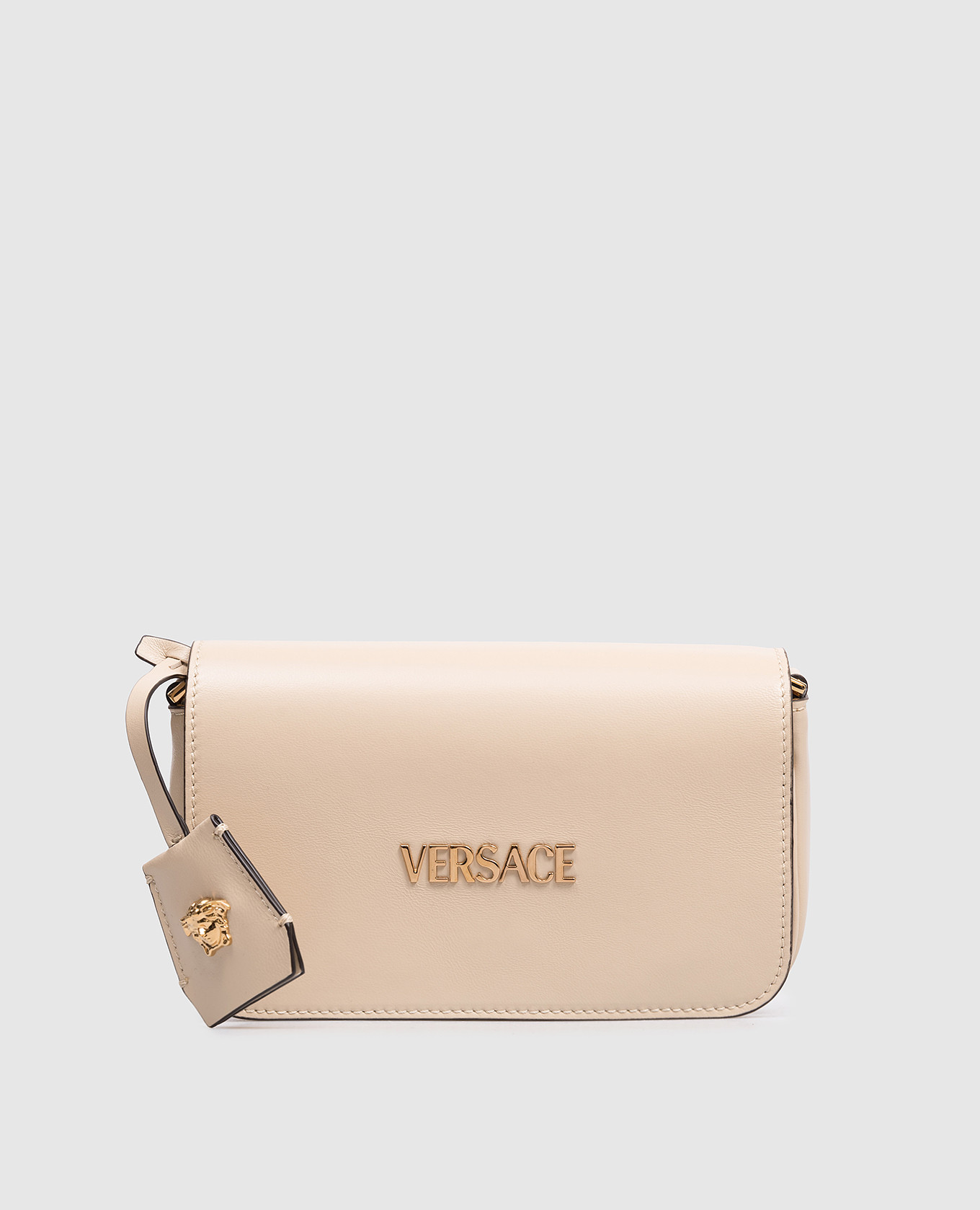Beige leather cross-body bag with logo