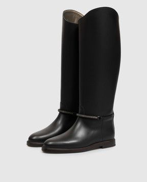 Brunello Cucinelli Black leather boots with monil chain MZMGC3316