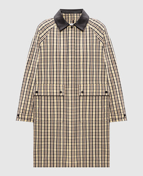 Yves Salomon Army Beige checked jacket with leather collar 26EFM02797L10W