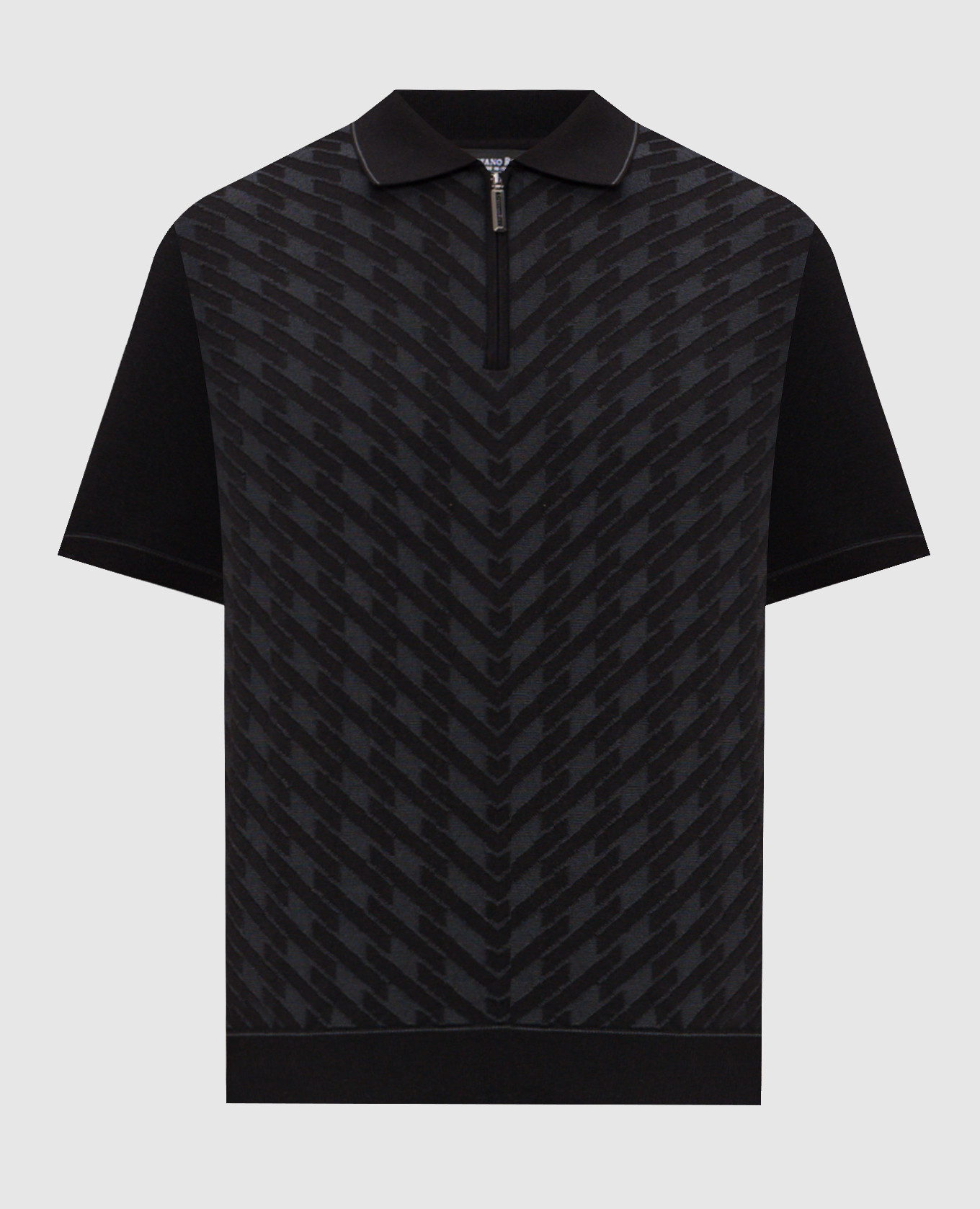 Black polo shirt with geometric silk pattern