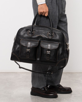 Brunello Cucinelli Black leather travel bag with logo print MBZIBU428