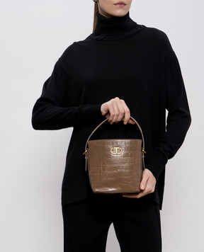 Twinset Brown glossy leather bucket bag with logo 252TD8257