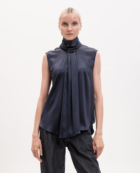 Brunello Cucinelli Blue silk top with monil chain MPC59B1G14
