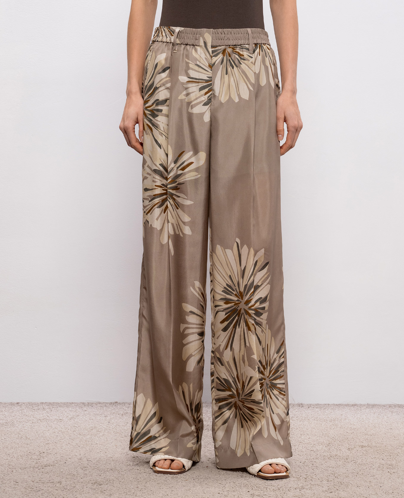 Khaki floral silk pants Brunello Cucinelli 3