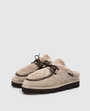Brunello Cucinelli Brown suede mules with fur trim MZSFG3417