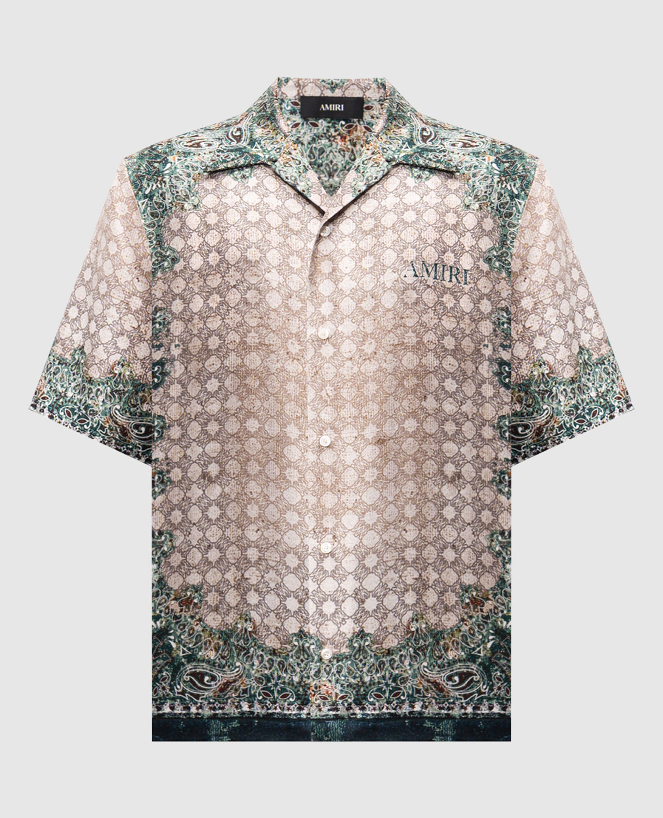 Camicia in seta beige con stampa del marchio