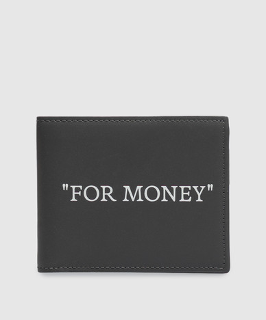 Gray leather wallet with "For Money" print