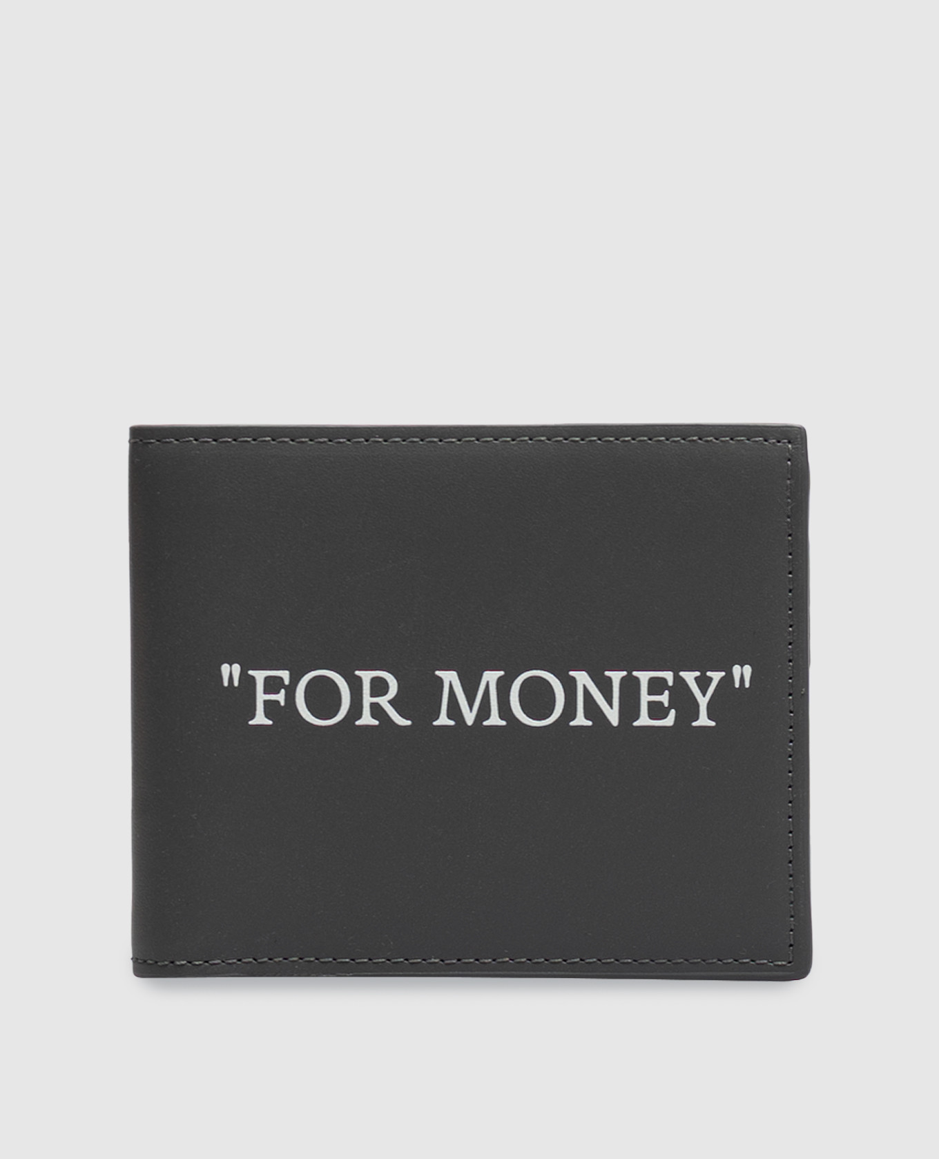 Gray leather wallet with "For Money" print