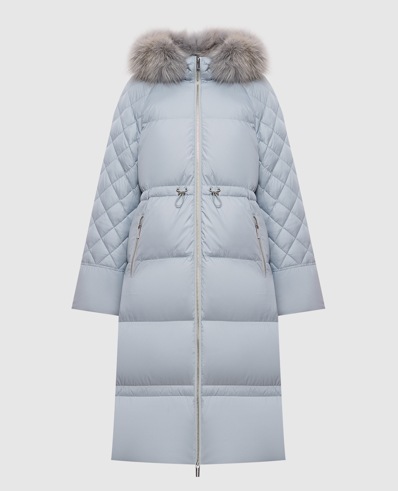 Blue down jacket with fox fur