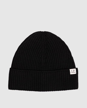 C.P. Company Black wool beanie hat with patch MAC137A005509A