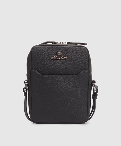 Blue leather bag with textured logo