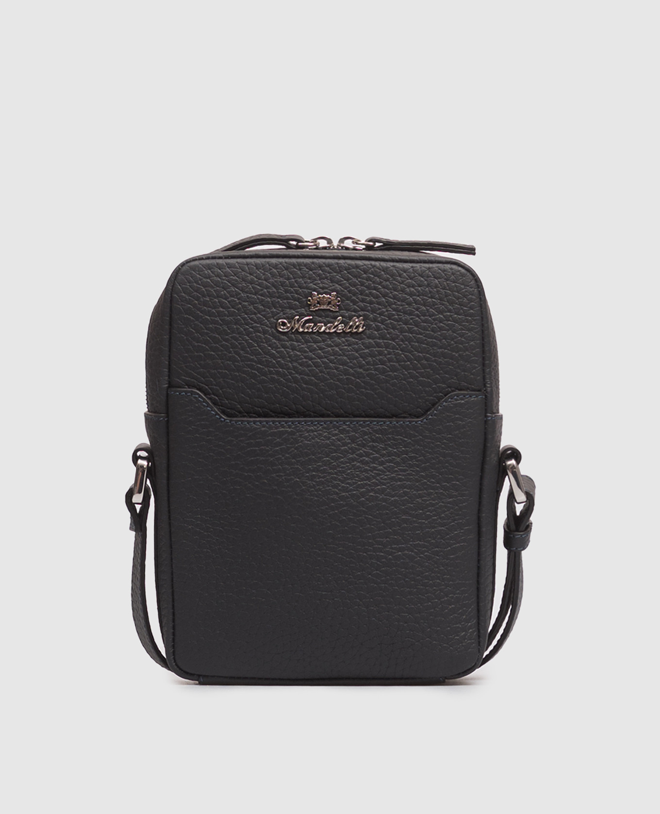Blue leather bag with textured logo