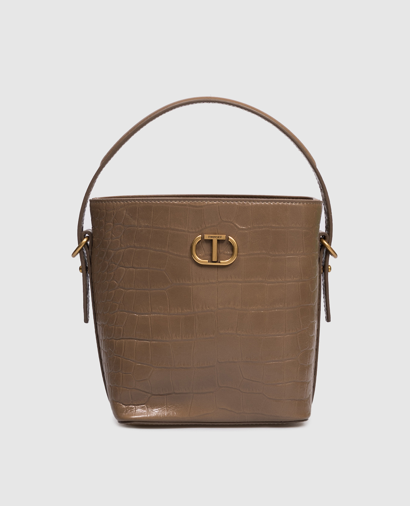 

Brown glossy leather bucket bag with logo Twinset