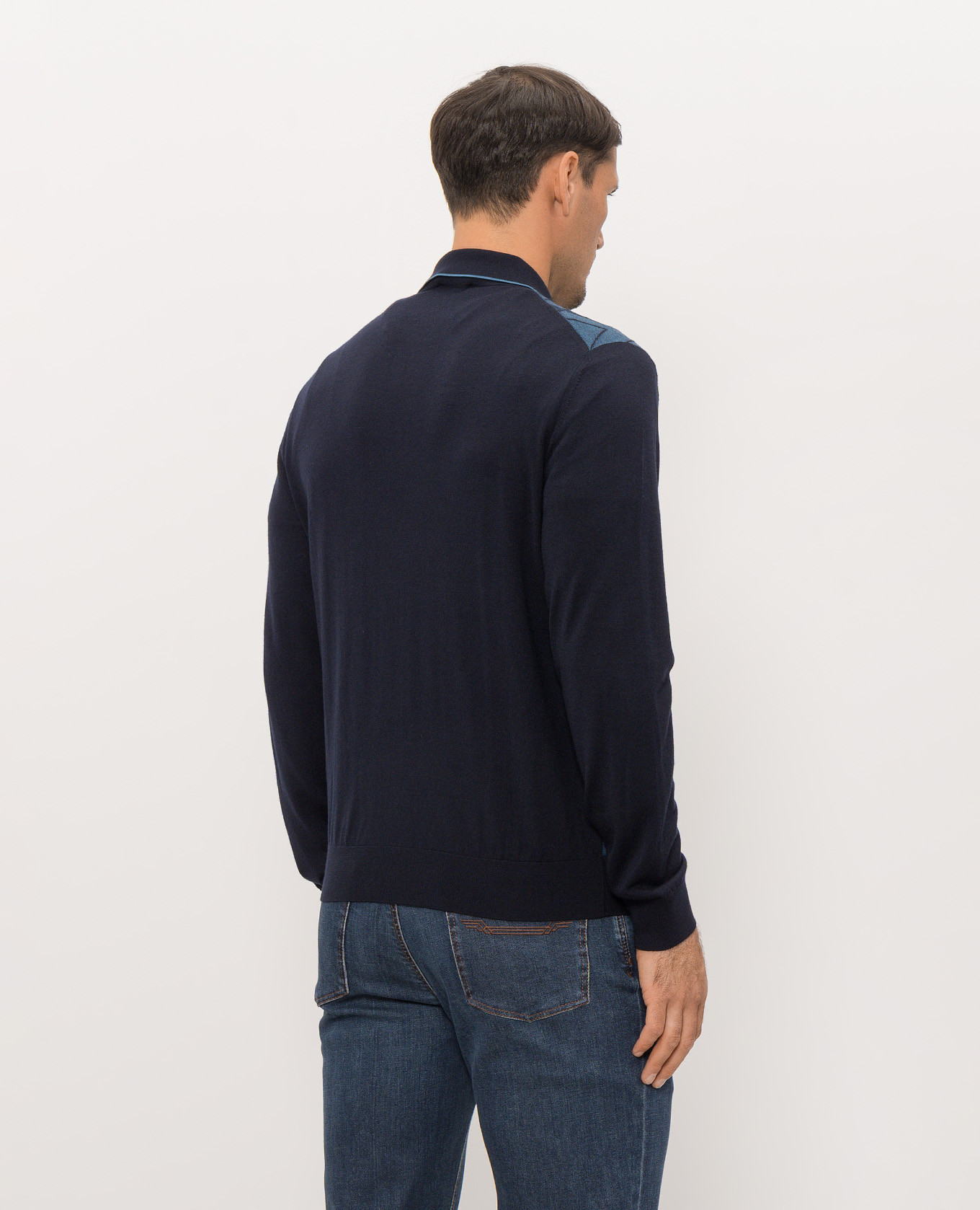 Blue wool and silk polo shirt with geometric pattern Stefano Ricci 4