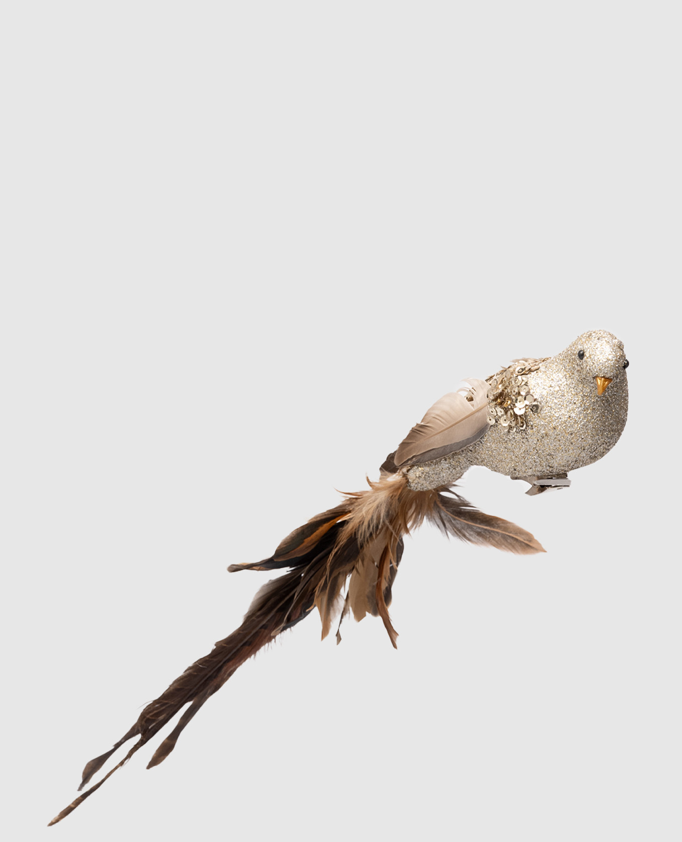 

Christmas tree toy Bird with pheasant feathers Shishi, Silver