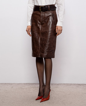 Saint Laurent Brown leather pencil skirt with belt 865021YCVD2