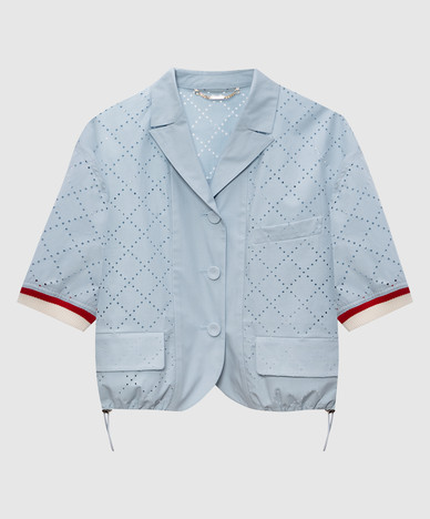 Blue jacket with geometric perforation