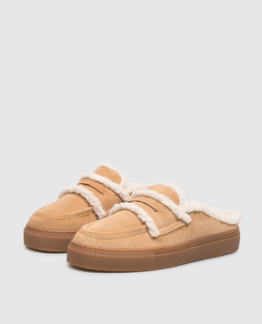 Inuikii Beige suede mules with fur trim 10040170011
