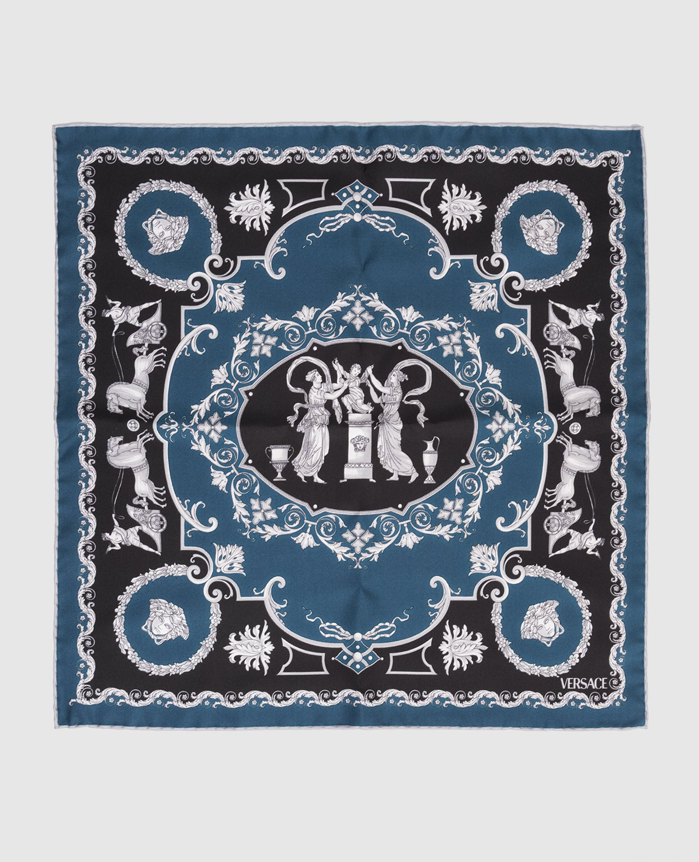 

Blue silk scarf with Hall of Heroes print Versace