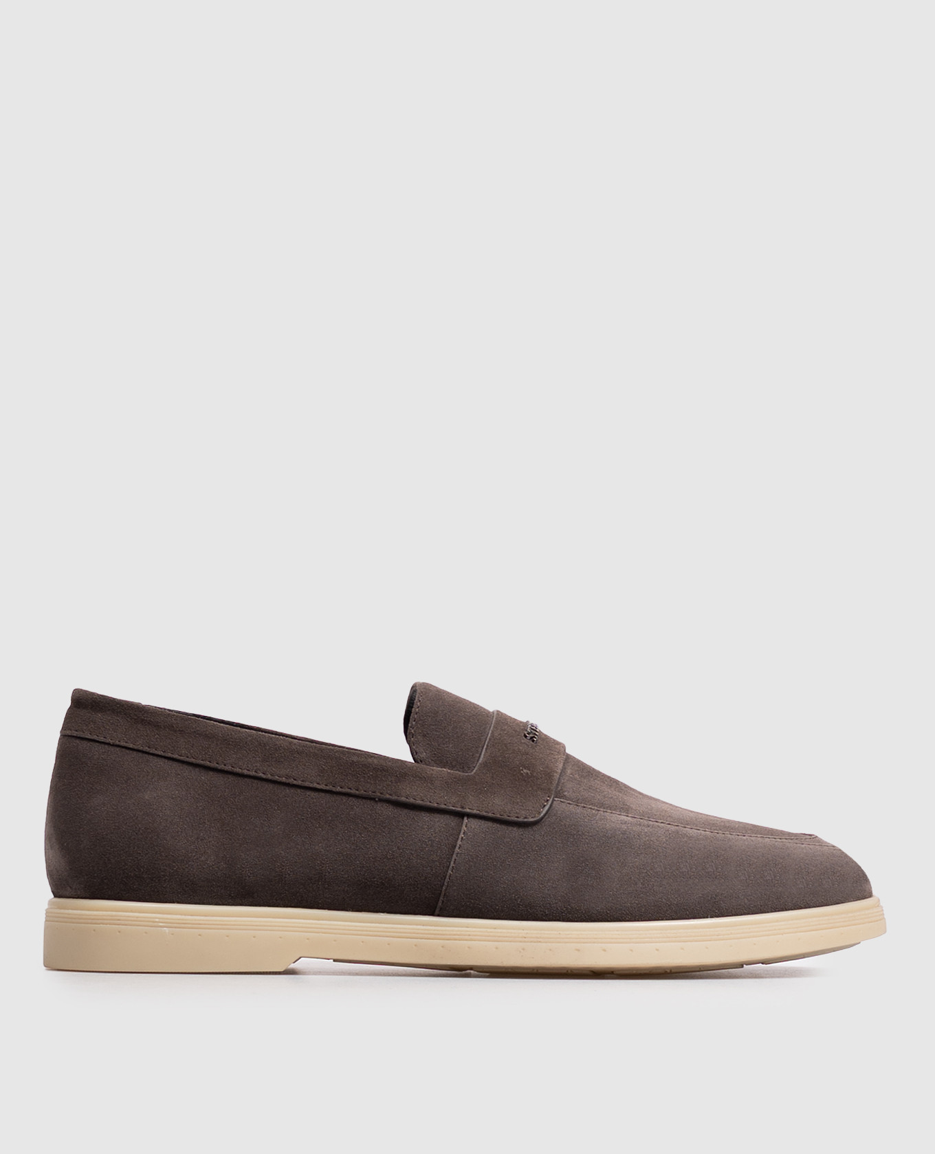 Brown suede loafers with textured logo