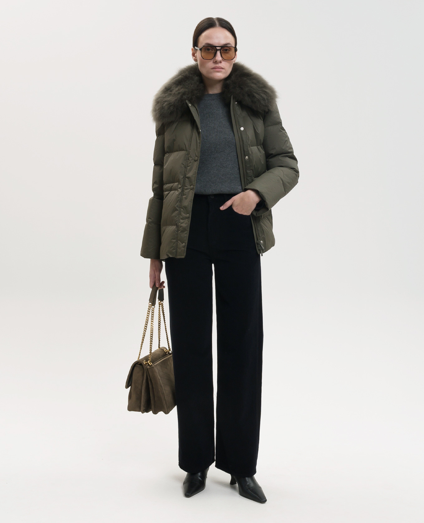 Khaki down jacket with fur Yves Salomon Army 2