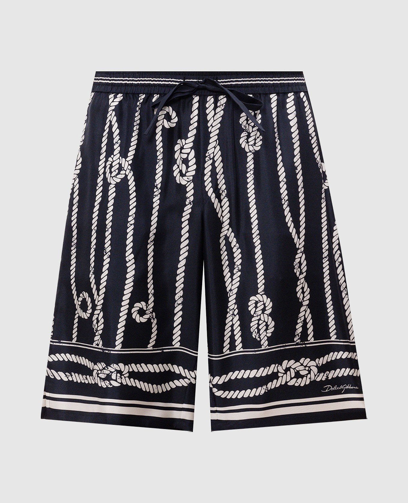 Navy blue silk shorts with branded print