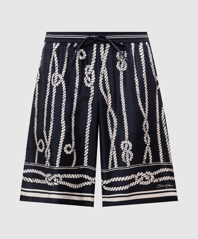 Navy blue silk shorts with branded print