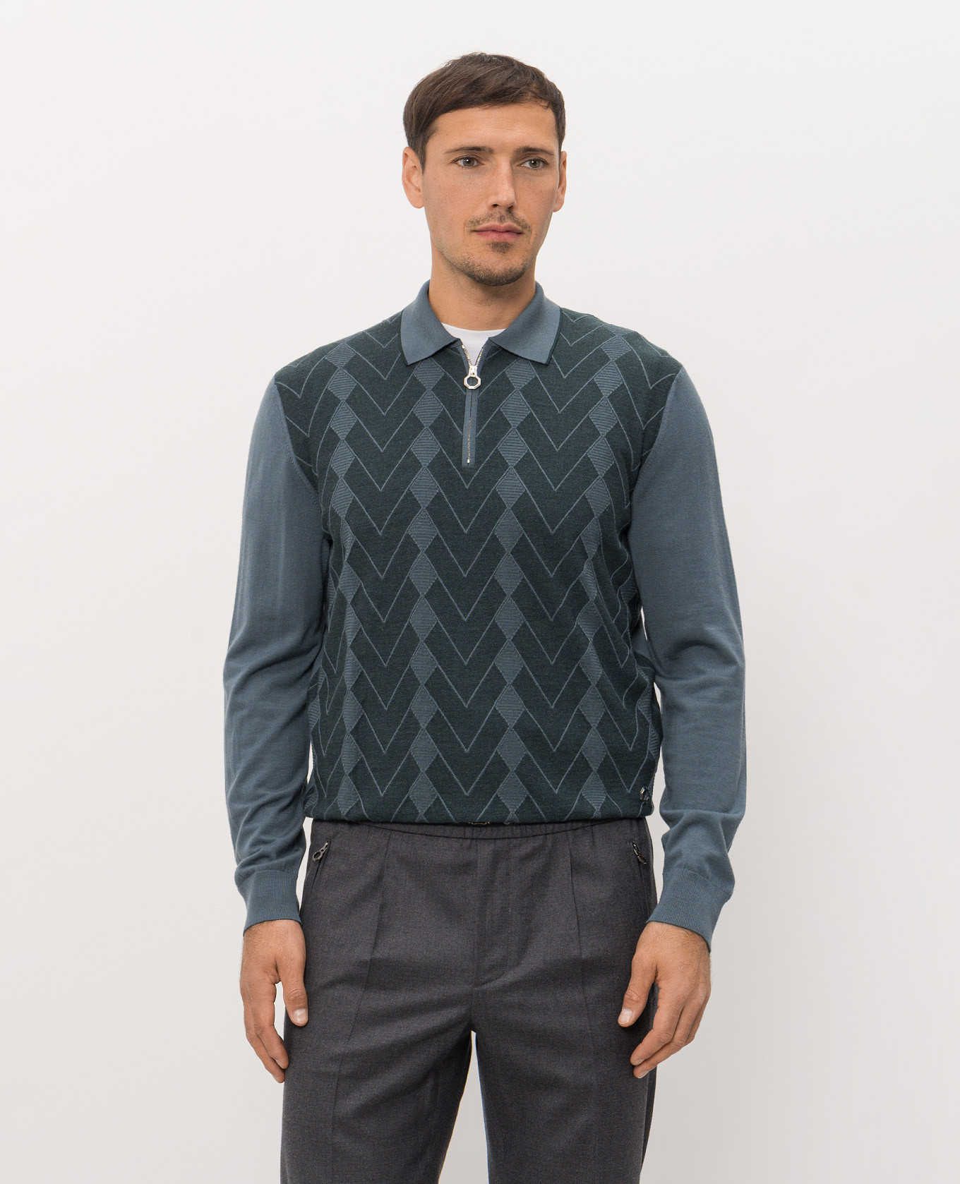 Green wool and silk polo shirt with geometric pattern Stefano Ricci 3