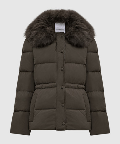Khaki down jacket with fur