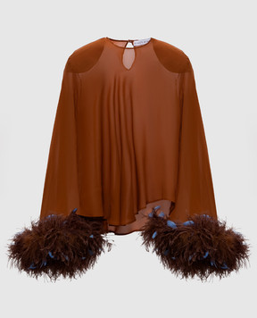 Rowen Rose Brown blouse with ostrich feathers TOPRR499