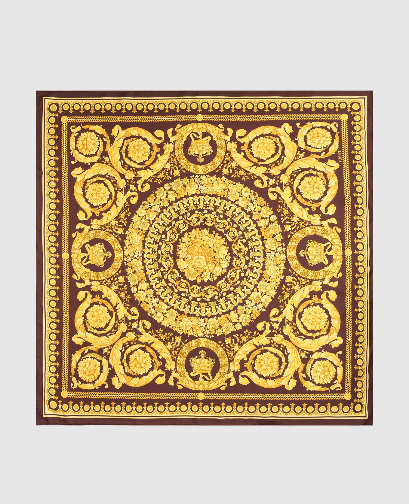 

Brown silk scarf with Barocco print Versace