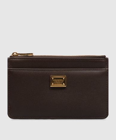 Brown leather cardholder with logo plate