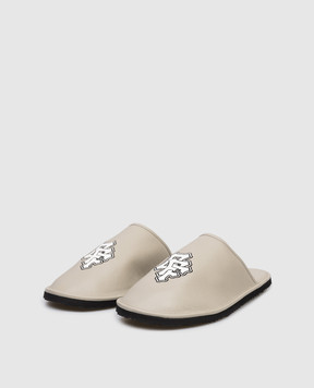 Off-White Beige leather slippers with logo embroidery OMIJ00BS26LEA002