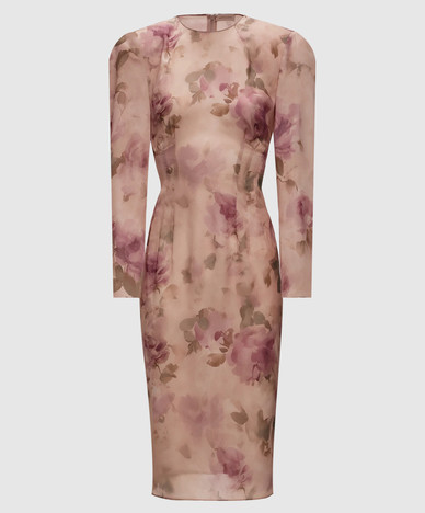 Beige silk dress with floral print