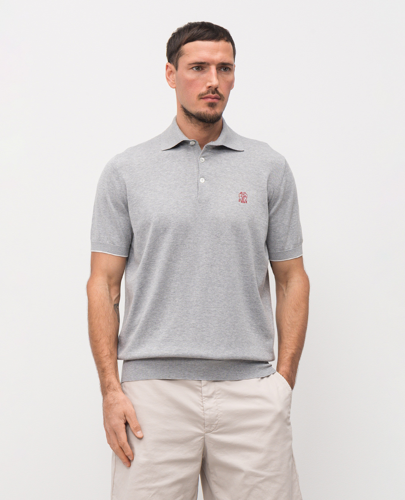 Grey marl polo with embroidered emblem Brunello Cucinelli 3