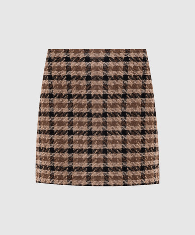 Gonna in tweed marrone con lana a quadri