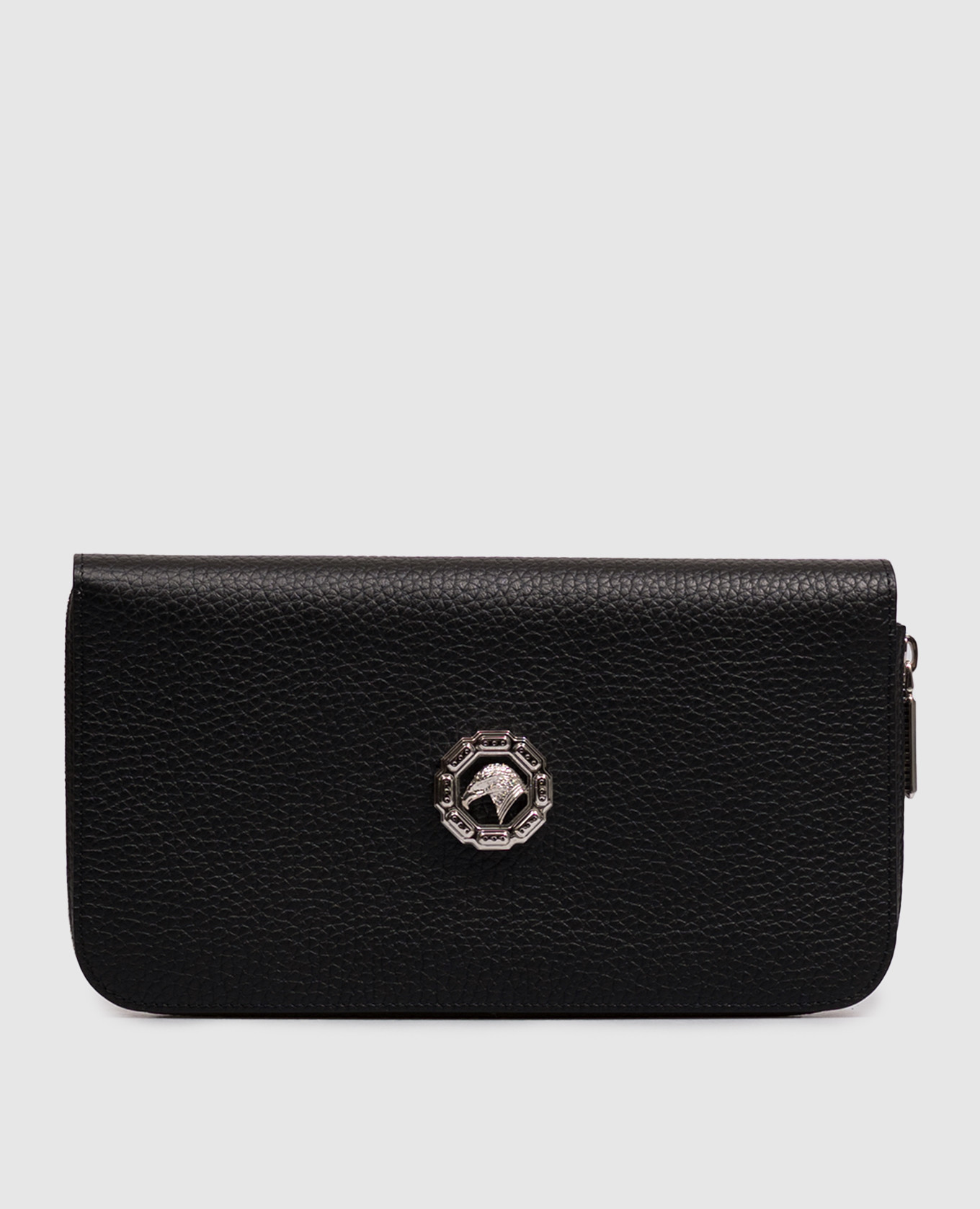 Black leather clutch wallet with textured emblem
