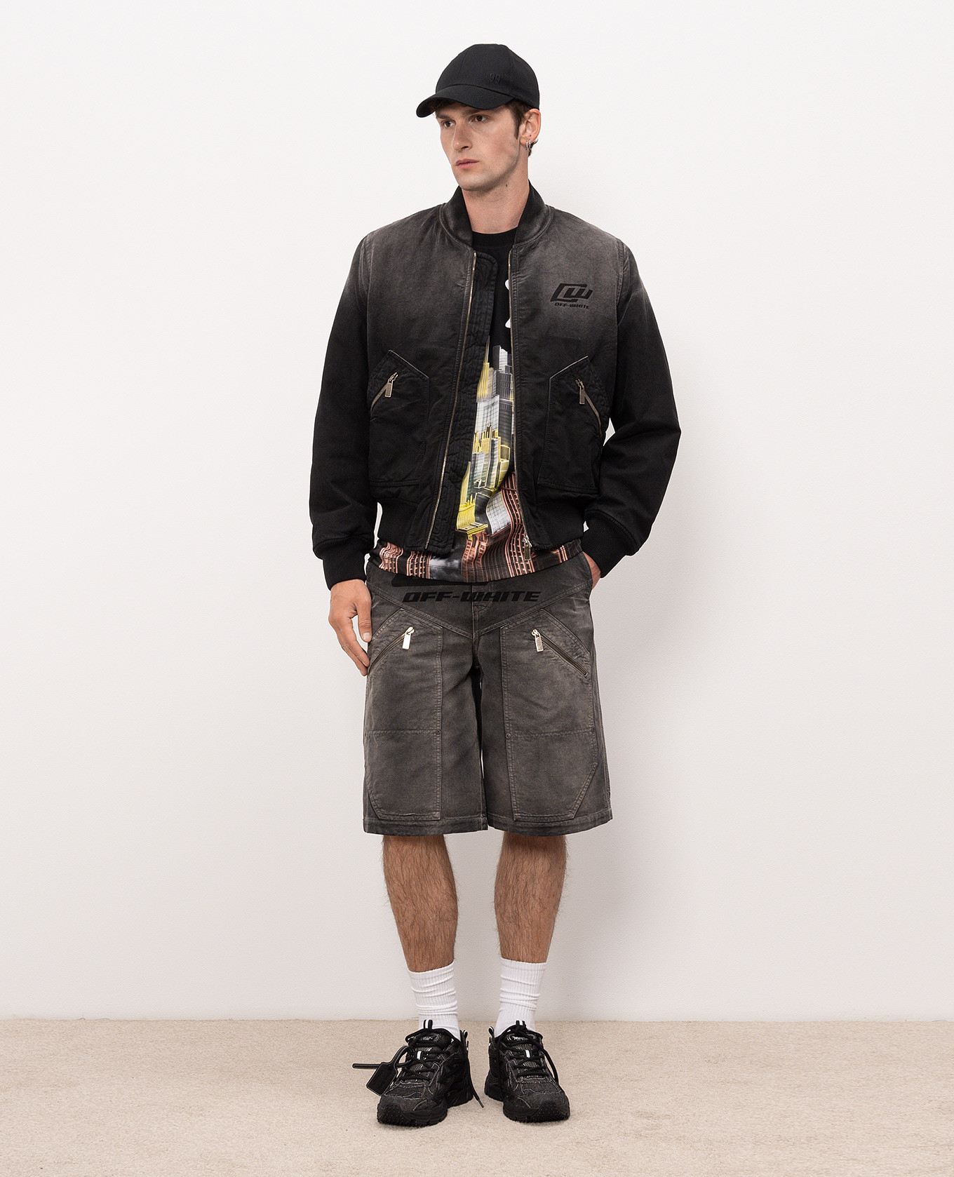 

Grey denim shorts with logo print Off-White