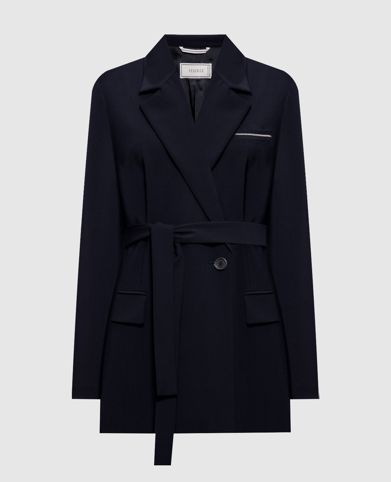 Navy double-breasted wool jacket with monil chain