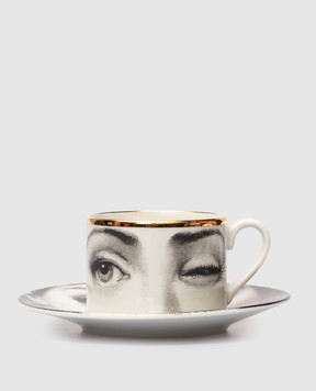Fornasetti White porcelain tea set Tema e Variazioni L'antipatico with cup and saucer P39Z304