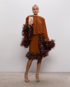 Rowen Rose Brown blouse with ostrich feathers TOPRR499