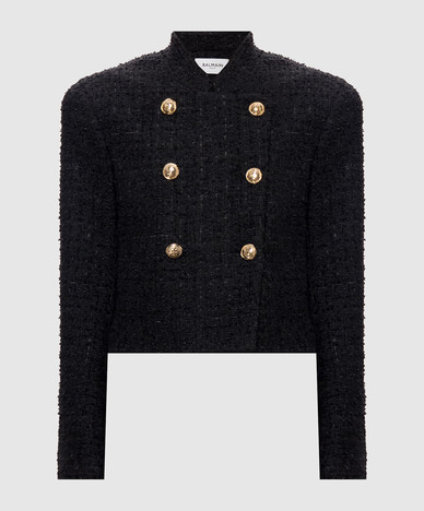 Black double-breasted tweed jacket