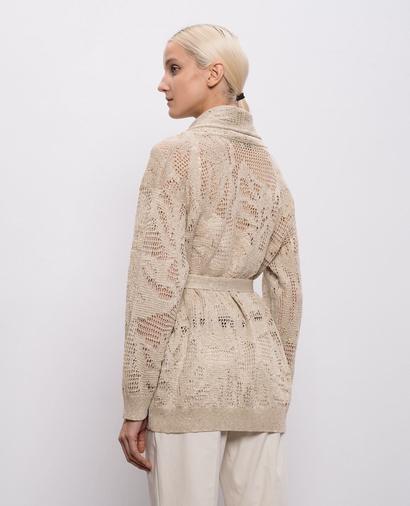 Beige openwork linen cardigan with a smell Brunello Cucinelli 4
