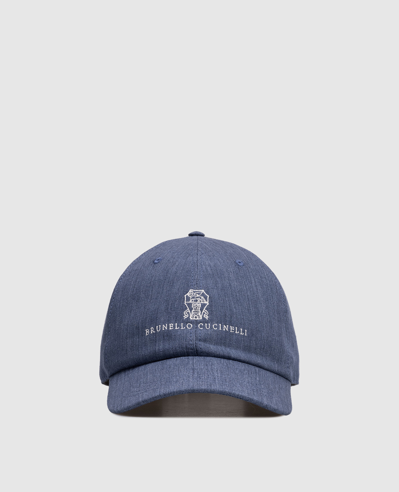 Blue linen cap with logo embroidery