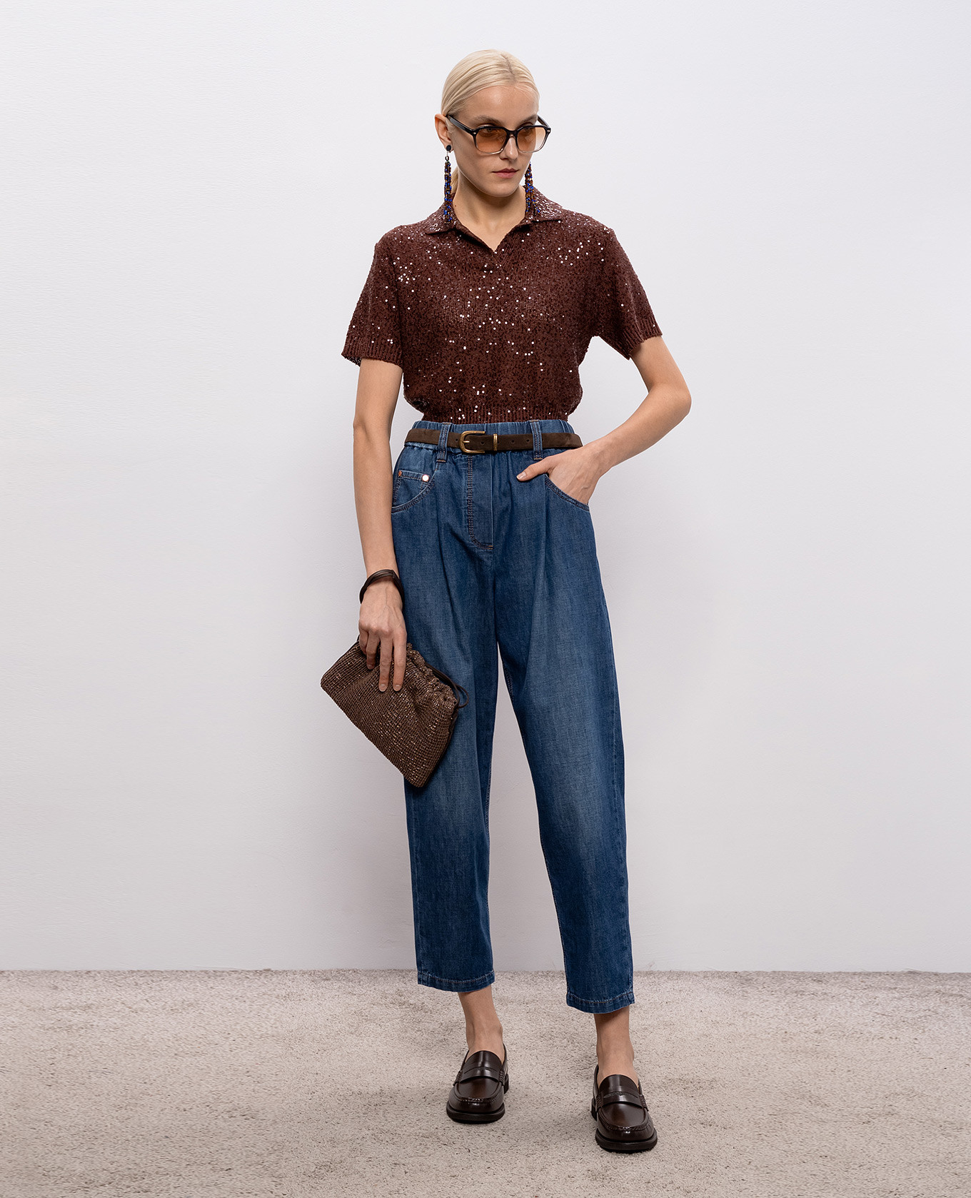 Brown linen, cashmere and silk sequin top Brunello Cucinelli 2