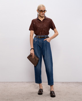 Brunello Cucinelli Brown linen, cashmere and silk sequin top MDJ547605